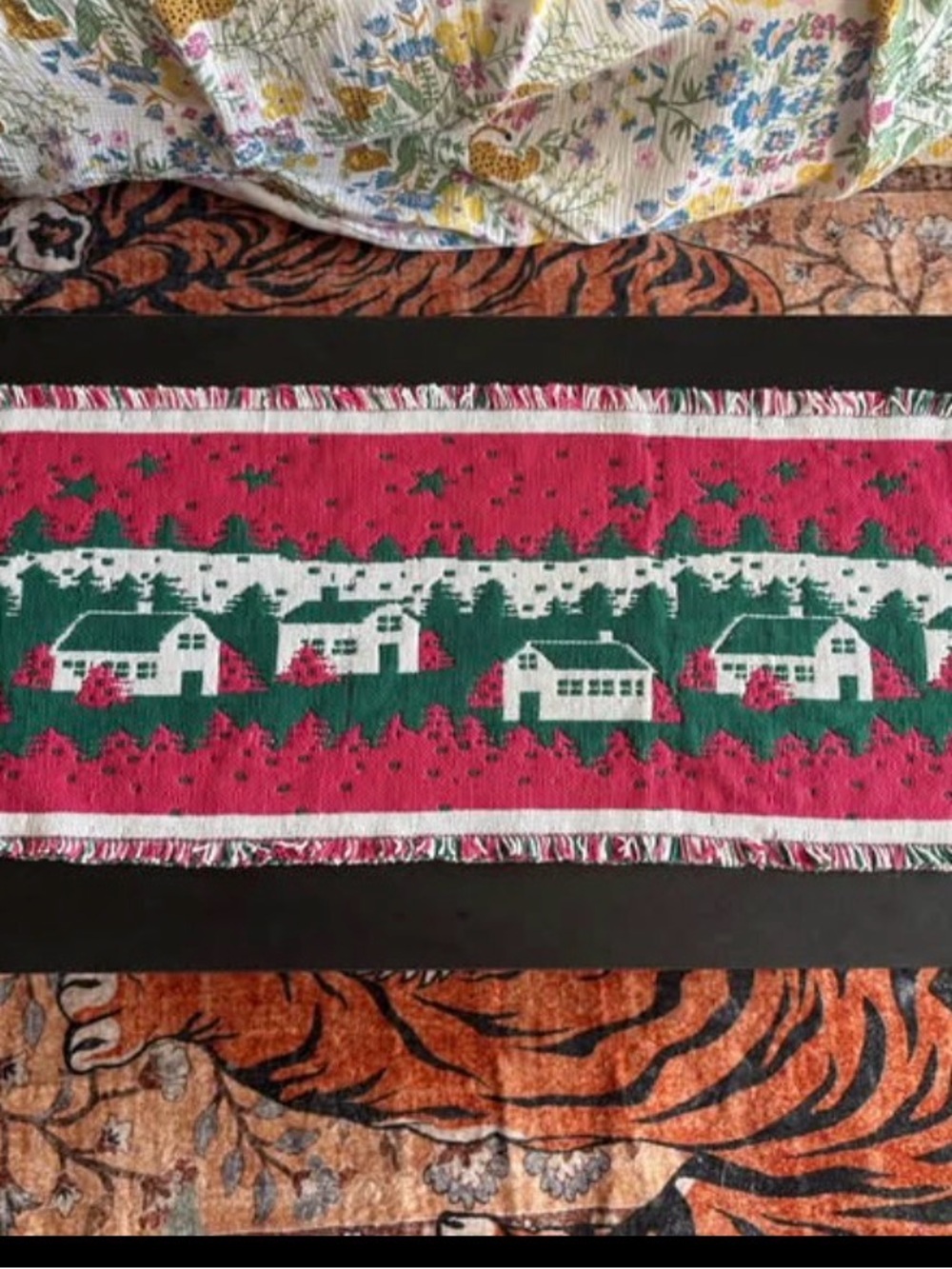 Holiday Village Woven Table Runner - Pink & Green